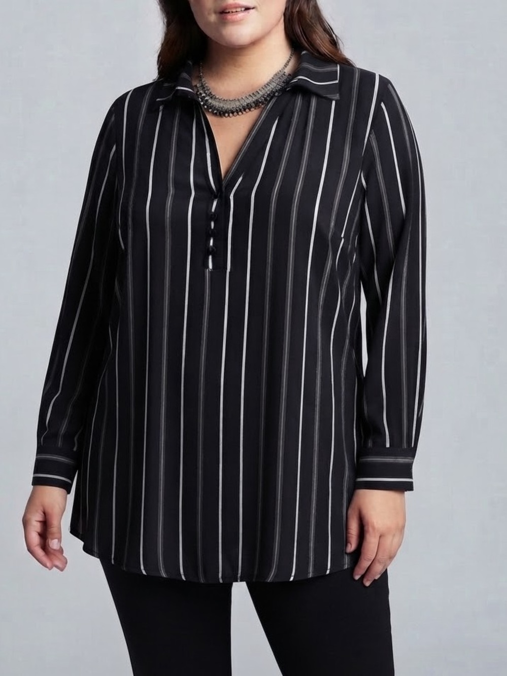 LILY MORGAN Black & White Vertical Stripe Front Button Tunic Top 2X